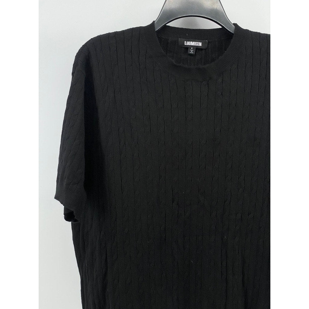 LANDMUSEUM Men's Black Cable Knit Crewneck Short Sleeve Shirt SZ L