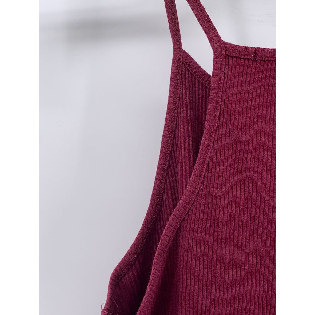 AMBIANCE Women's Burgundy Ribbed High-Neck Halter Sleeveless Top SZ M
