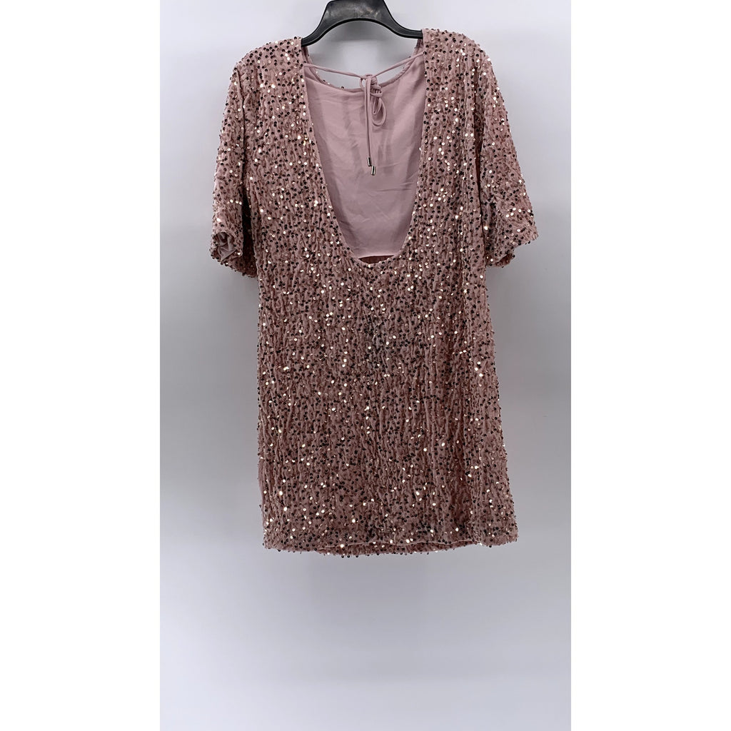 R. VIVIMOS Women's Pink Crewneck Sequin Open-Back Elbow Sleeve Mini Dress SZ L