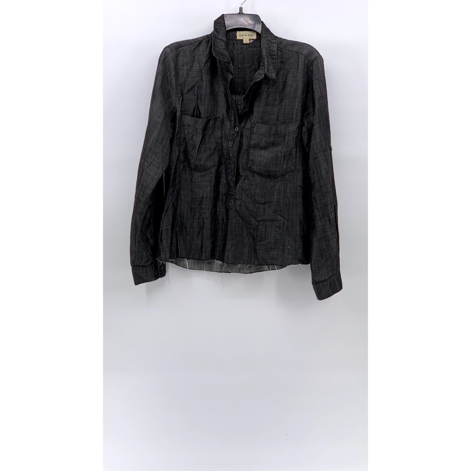 CLOTH & STONE Women's Black Frayed Tencel Button-Up Long Sleeve Top SZ M