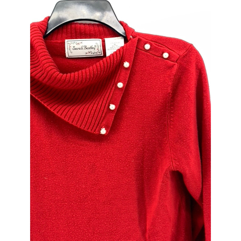 SARAH BENTLEY Women's Red Knit Split Button Fold-Over Sweater SZ M