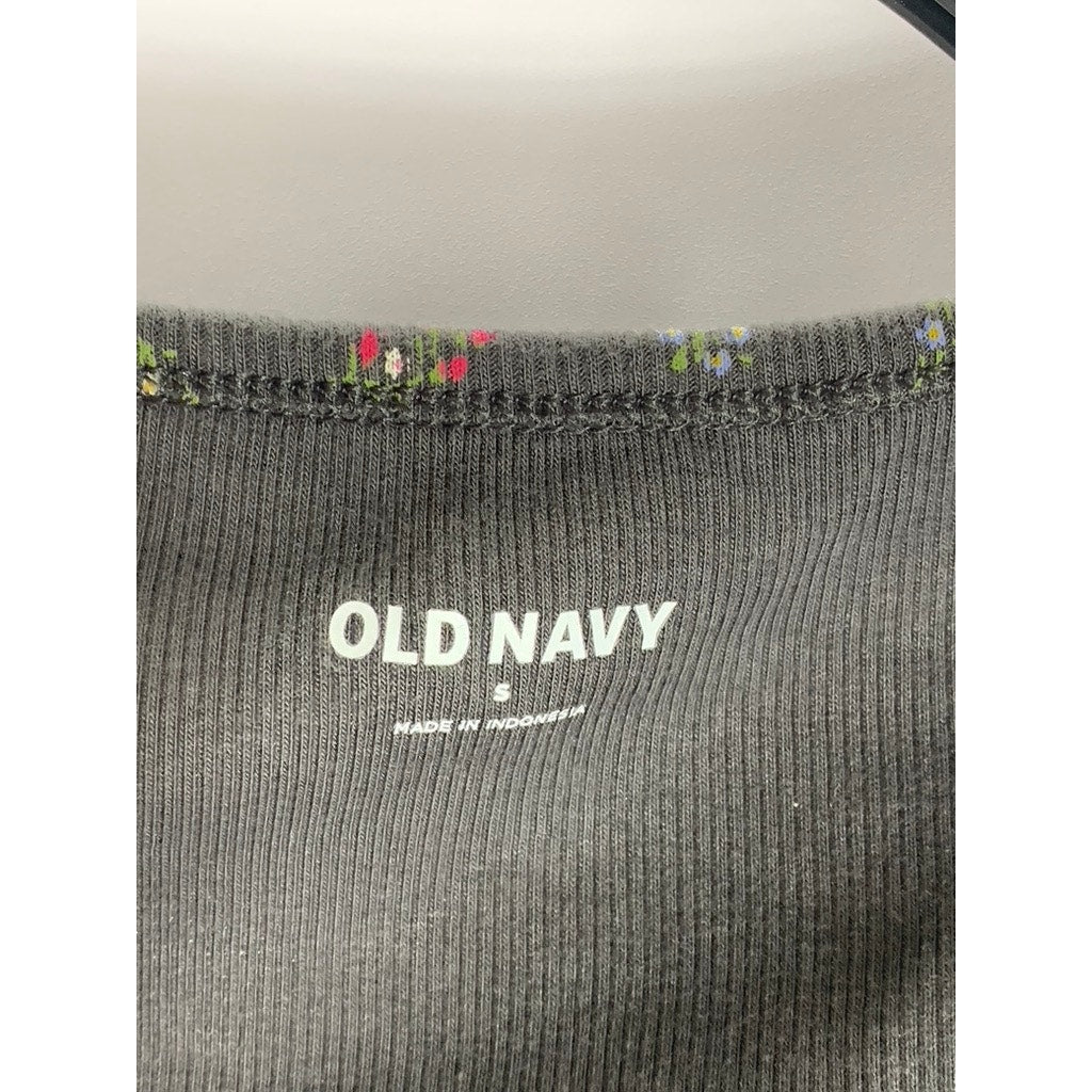 OLD NAVY Women's Grey Floral Print Button-Up Short Sleeve Scoop-Neck Top SZ S