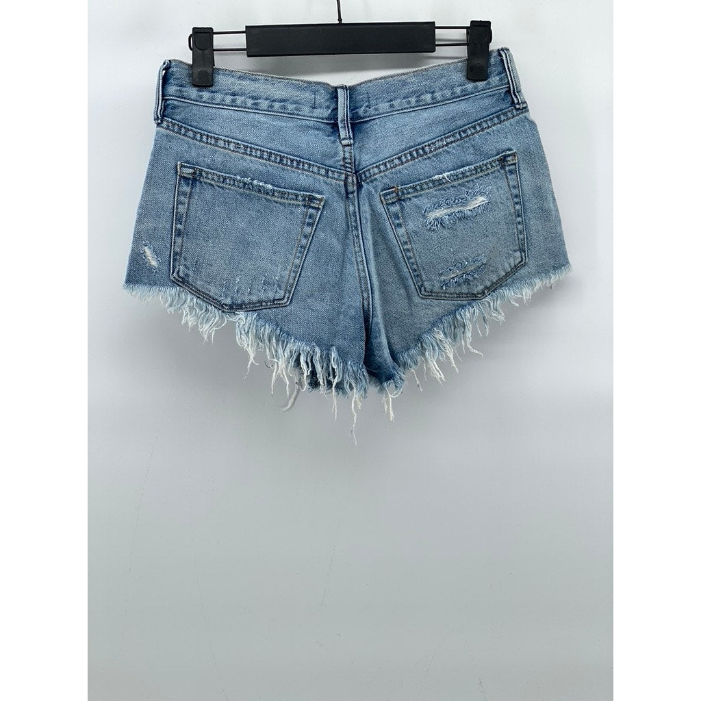 WE THE FREE Women’s Blue Denim Distressed Raw-Hem Short Shorts SZ 24