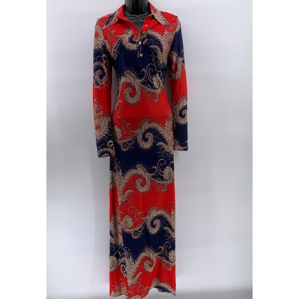 RICHARD SHOPS Women's Red-Navy Dragon Print Henley Long Sleeve Maxi Dress SZ 14