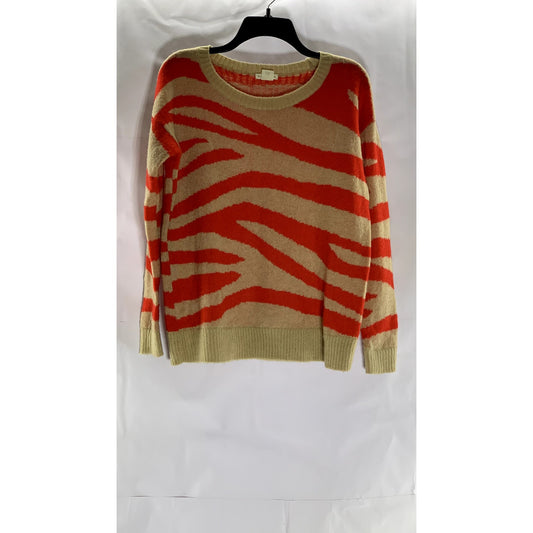 CLUB MONACO Women's Tan-Red Zebra Striped Crewneck Knit Pullover Sweater SZ S