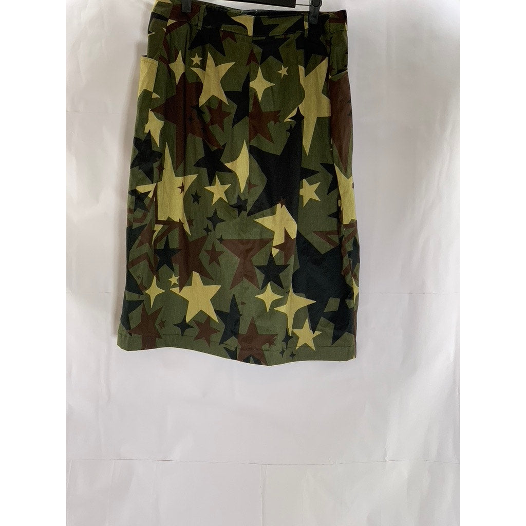 HENGSHENG JEANS Women's Army Green Star Print Military Style Straight Skirt SZ M