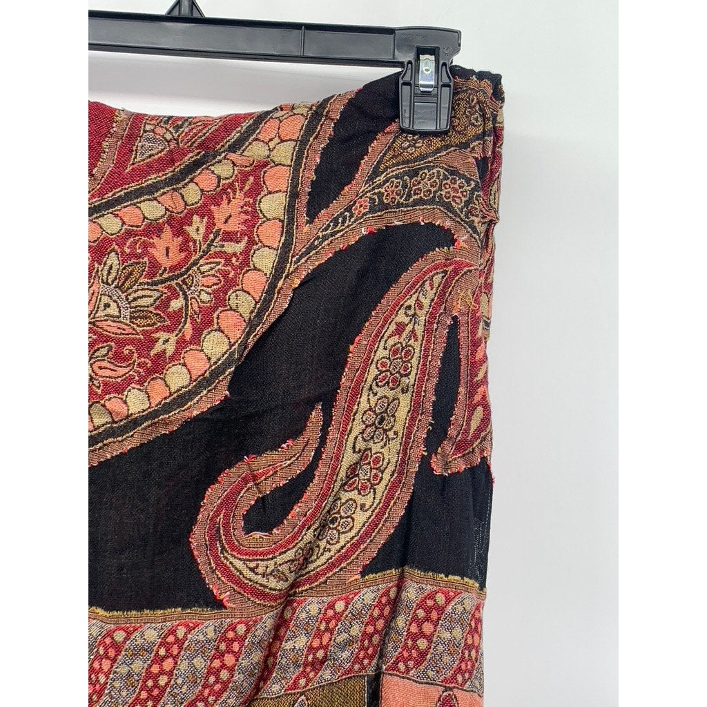 UNBRANDED Women's Brown-Orange Paisley Fringe Knit Shawl