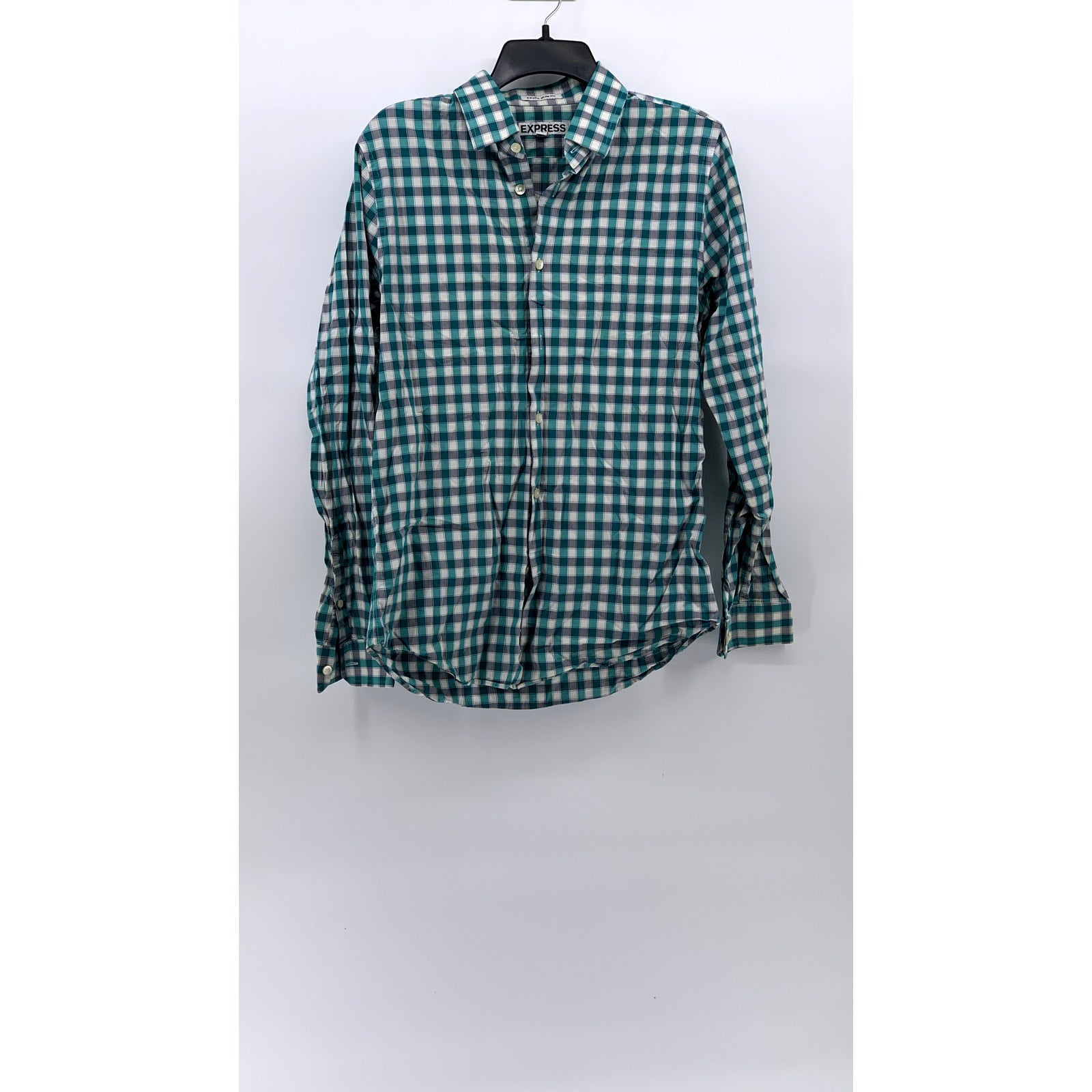 EXPRESS Men's Teal-White Plaid Extra Slim-Fit Button-Up Long Sleeve Shirt SZ M