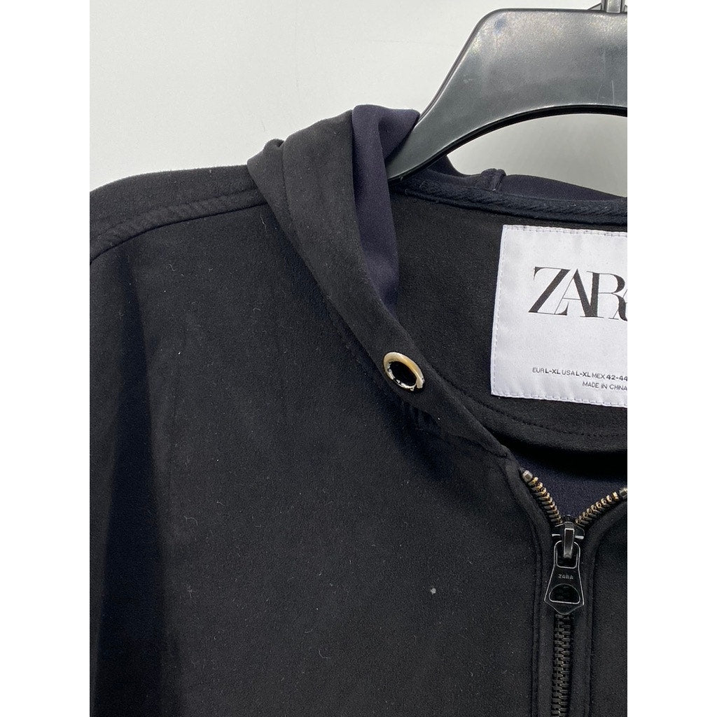 ZARA Men's Black Faux-Suede Pullover Half-Zip Long Sleeve Hooded Sweater SZ L-XL
