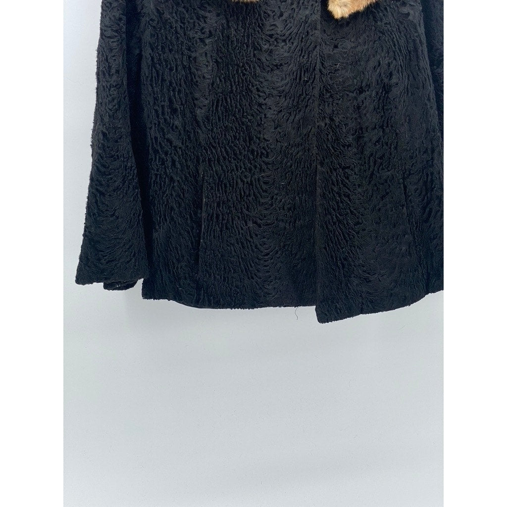 UNBRANDED Women's Black Textured Faux-Fur Collared Single Button Coat SZ M