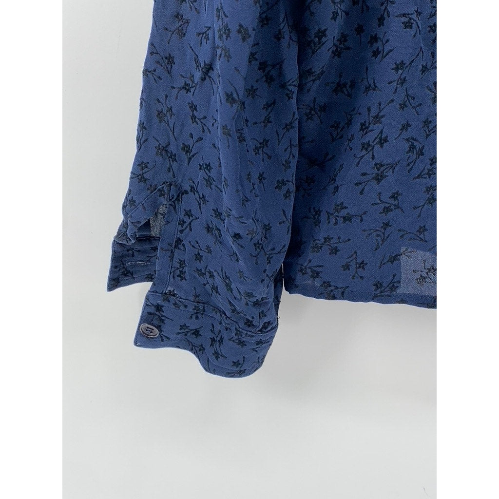 JONES NEW YORK Women's Blue Floral Sheer Button-Up  Long Sleeve Top SZ 14