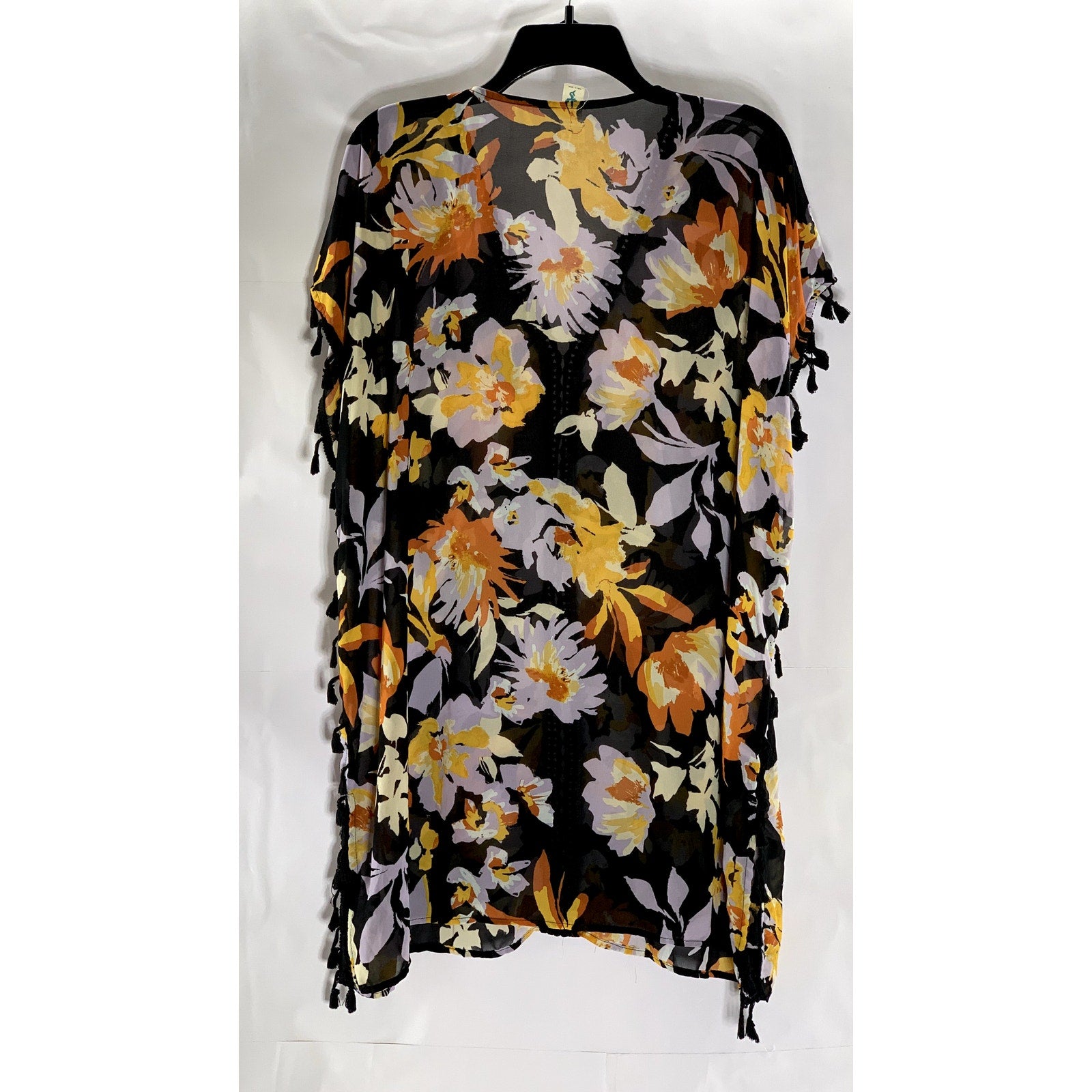 SEA ANGEL Women's Black Floral Sheer Crochet-Trim Fringe Over Shirt SZ M
