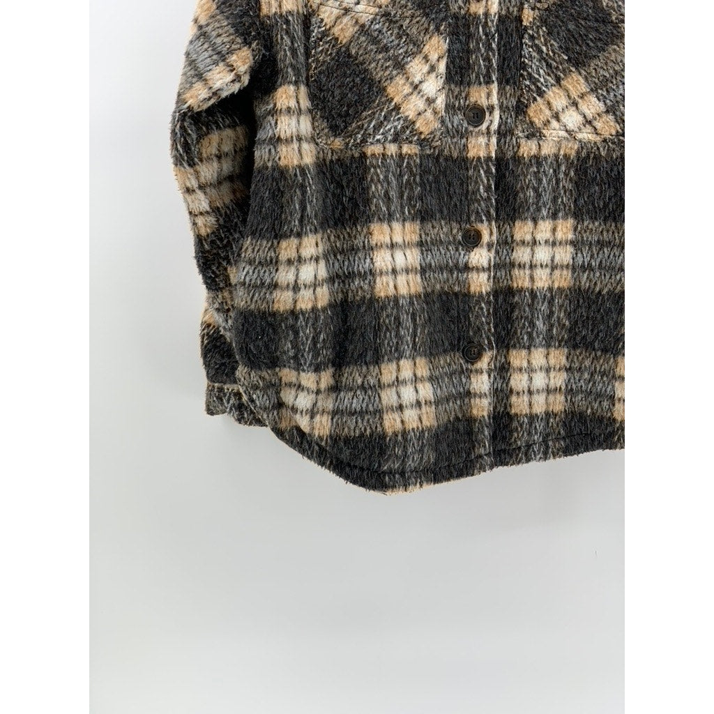 THREAD & SUPPLY Women’s Tan-Black Plaid Flannel Button-Up Shirt Jacket SZ S