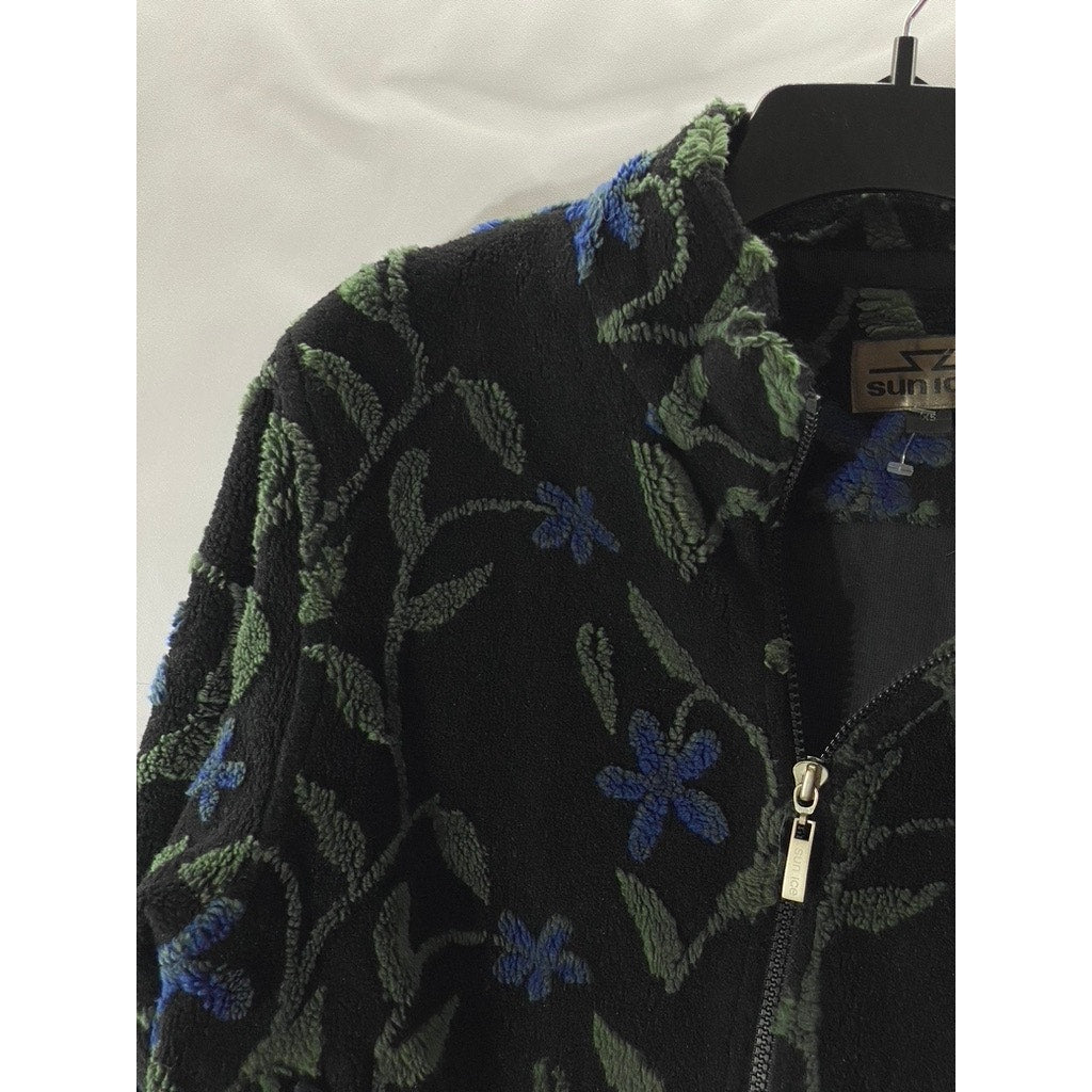 SUN ICE Women's Black Embroidered Floral Zip-Up Cropped Sweater SZ XS