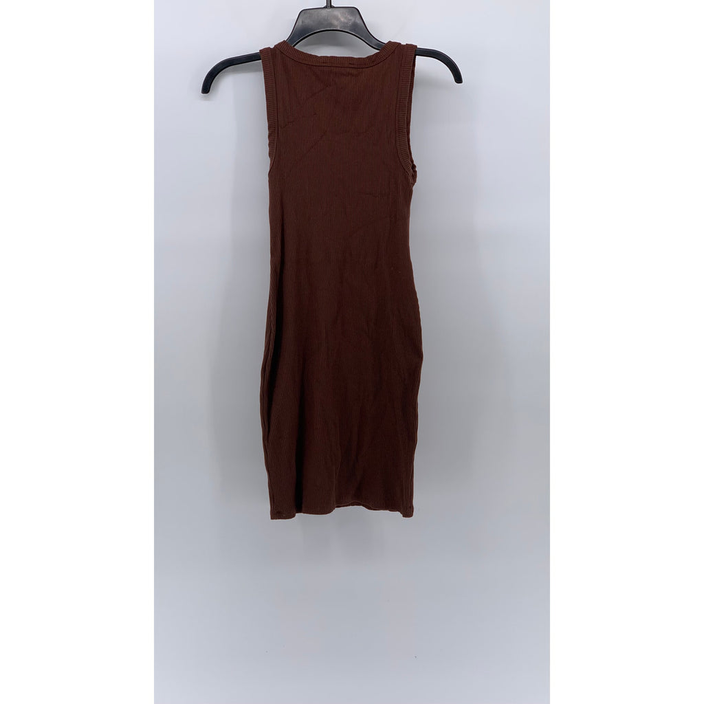 FOREVER 21 Women's Brown Ribbed Scoop-Neck Sleeveless Bodycon Mini Dress SZ S
