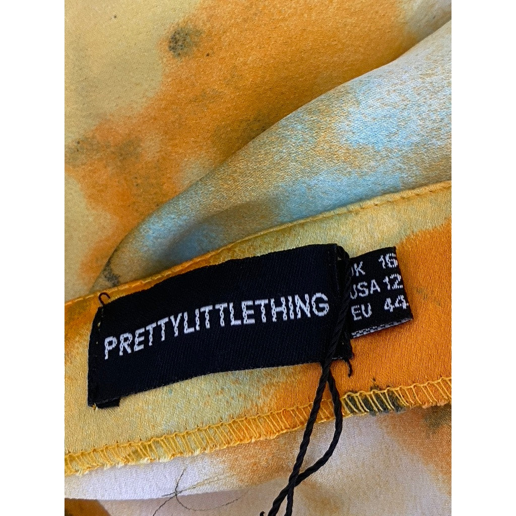 PRETTY LITTLE THINGS Women's Orange Tie-Dye Ruched Side Midi Pull-On Skirt SZ 12