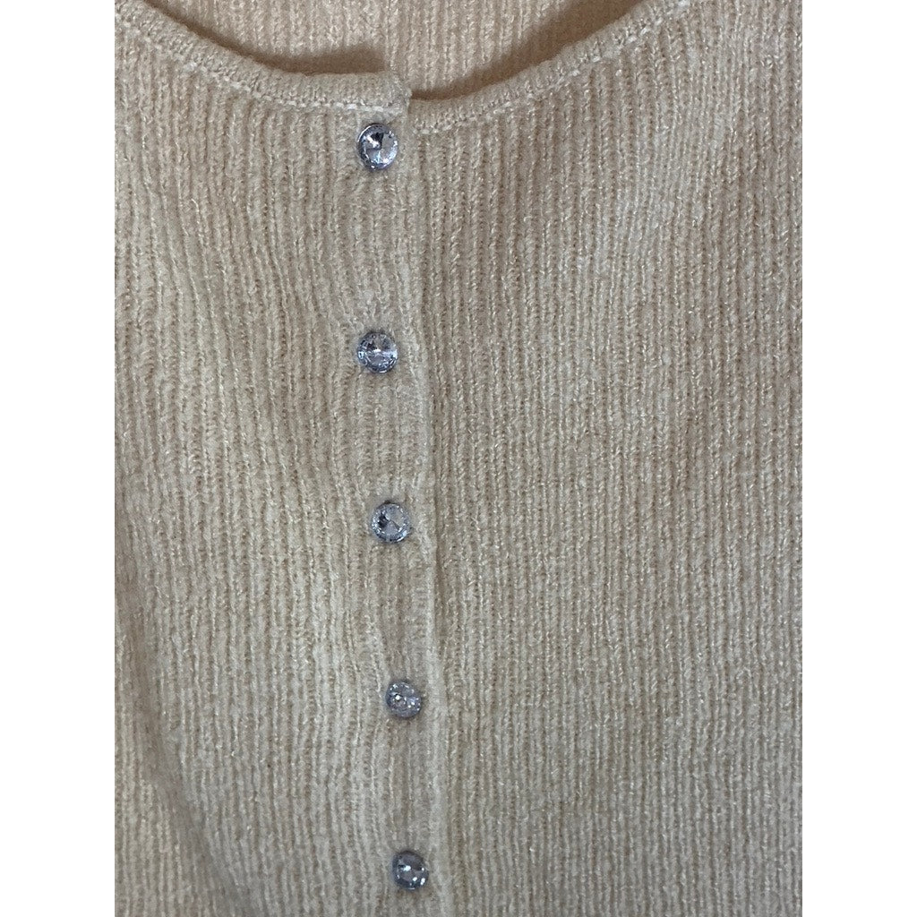 URBAN OUTFITTERS Women's Beige Rhinestone Button-Down Ribbed Cardigan SZ M