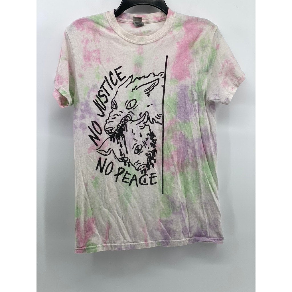 GILDAN Men's Pink-Green Tie-Dye No Justice No Peace Graphic Cotton T-Shirt SZ S