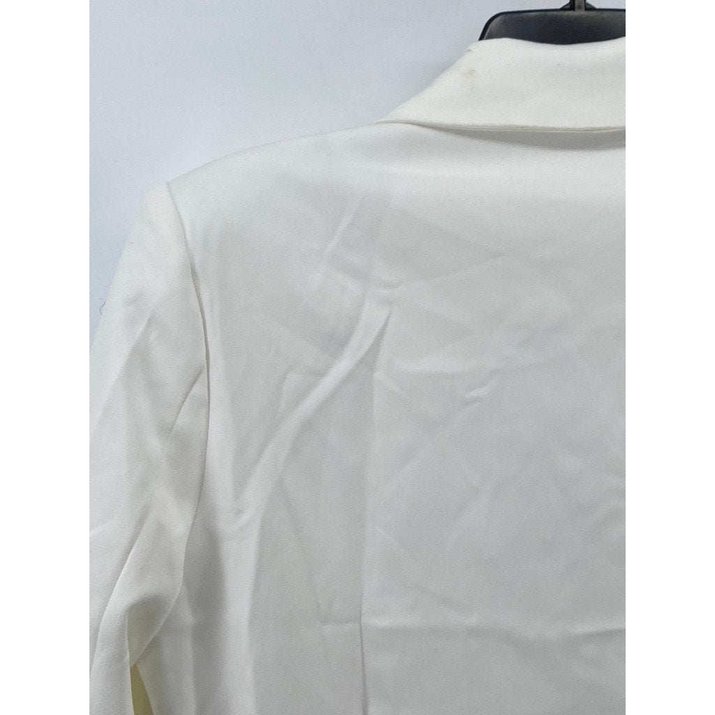 LIONESS Women's White Button-Up Long Sleeve Notch Collar Belted Mini Blazer SZ M