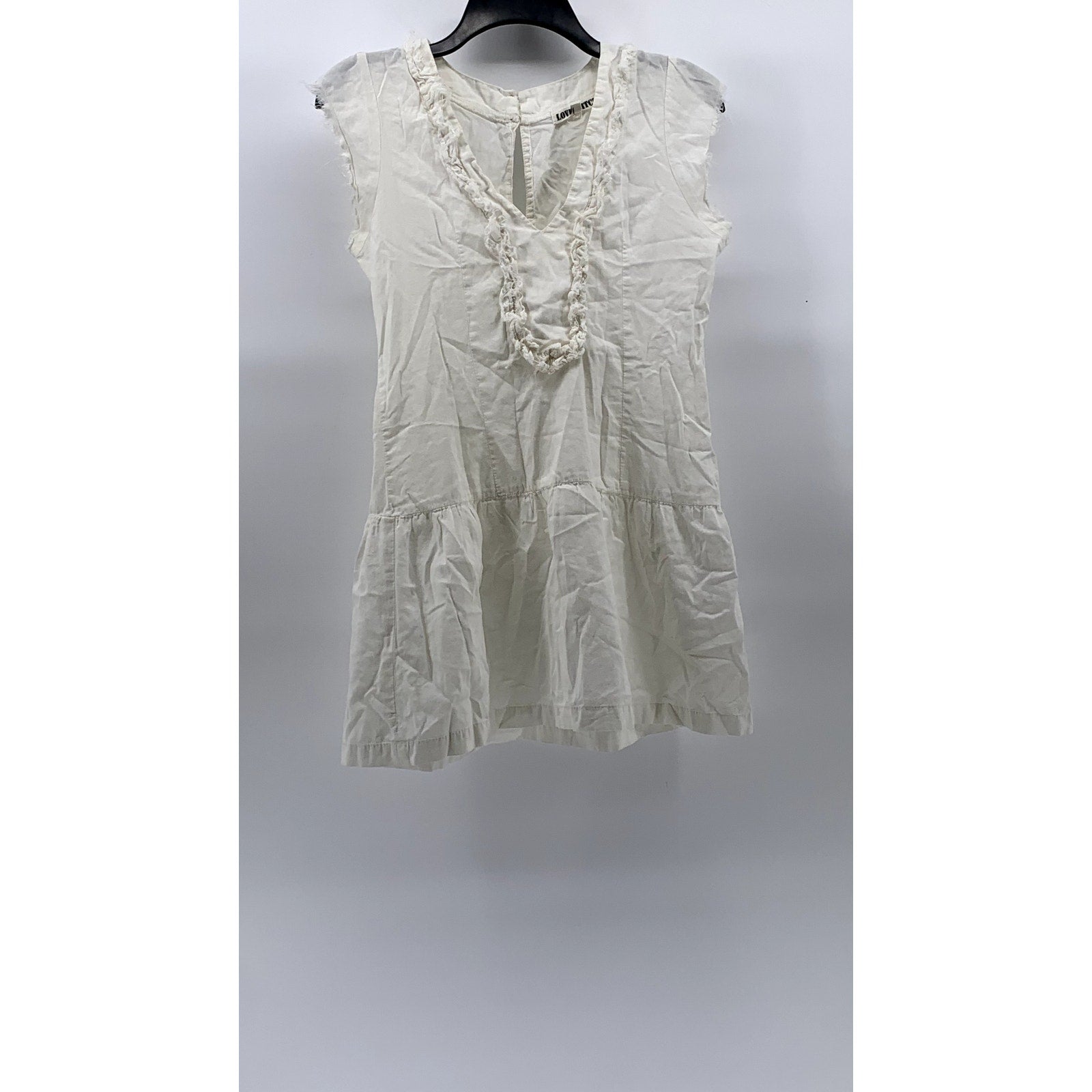 LOVESTITCH Women's White Ruffle V-Neck Raw Short Sleeve Tiered Mini Dress SZ M