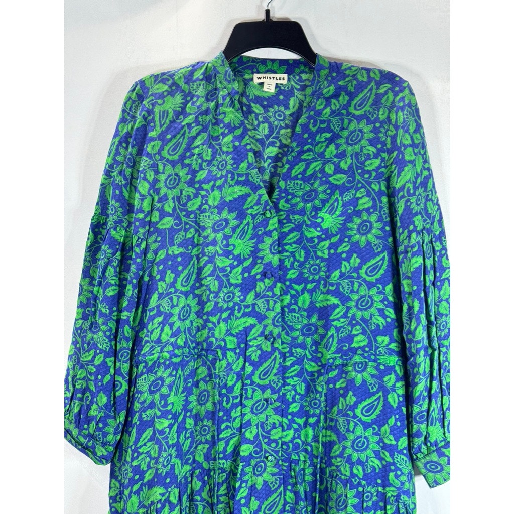 WHISTLES Women's Green/Blue Multi Valeria Henna 3/4 Sleeve Shirt Dress SZ L