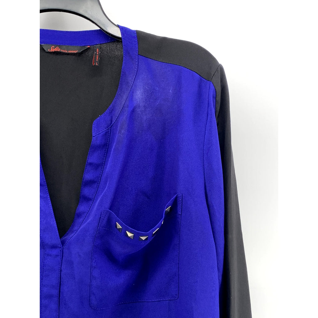 SOFIA SOFIA VERGARA Women's Black-Blue V-Neck Long Sleeve Top SZ L