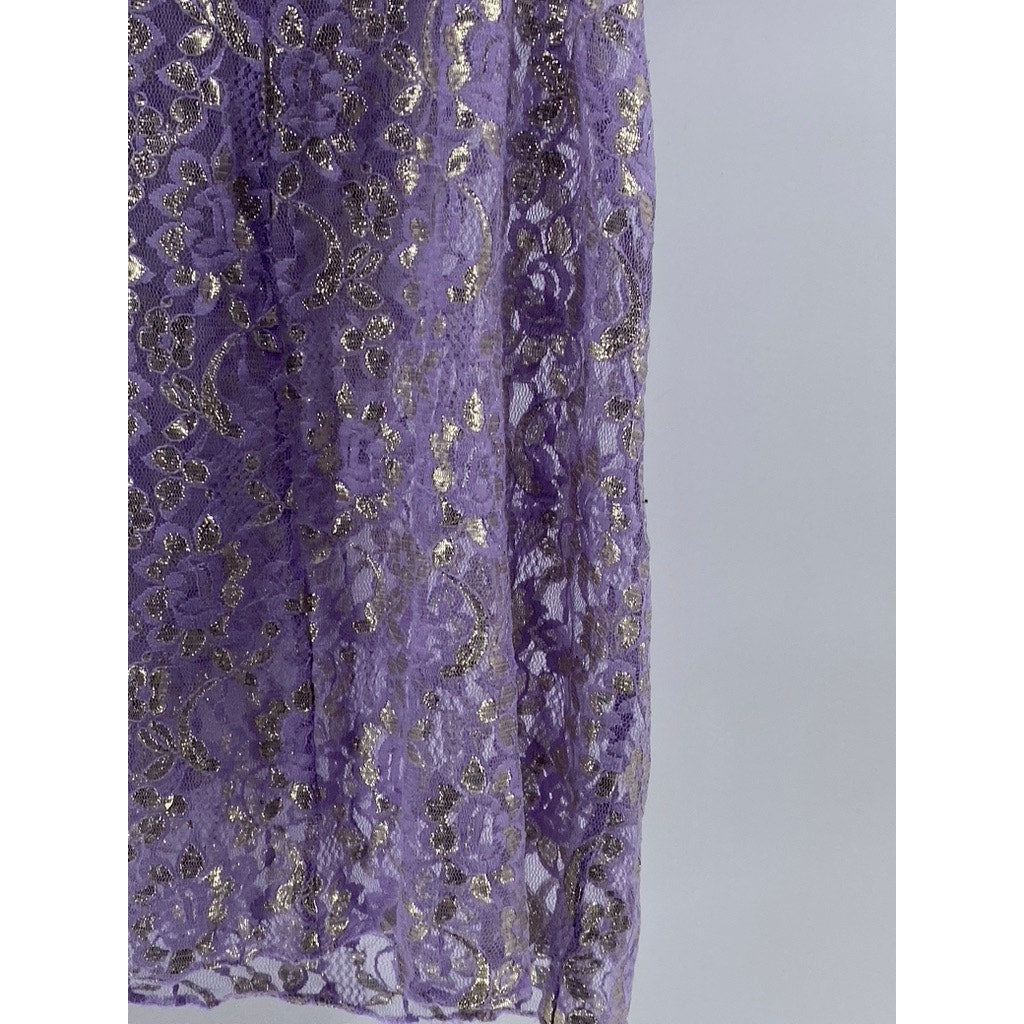 UNBRANDED Women's Purple-Gold Metallic Floral Lace V-Neck Night Gown SZ S