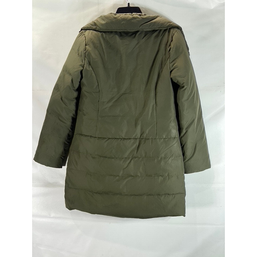 ELLEN TRACY Women's Olive Full-Zip Snap-Button Stand Collar Puffer Jacket SZ S