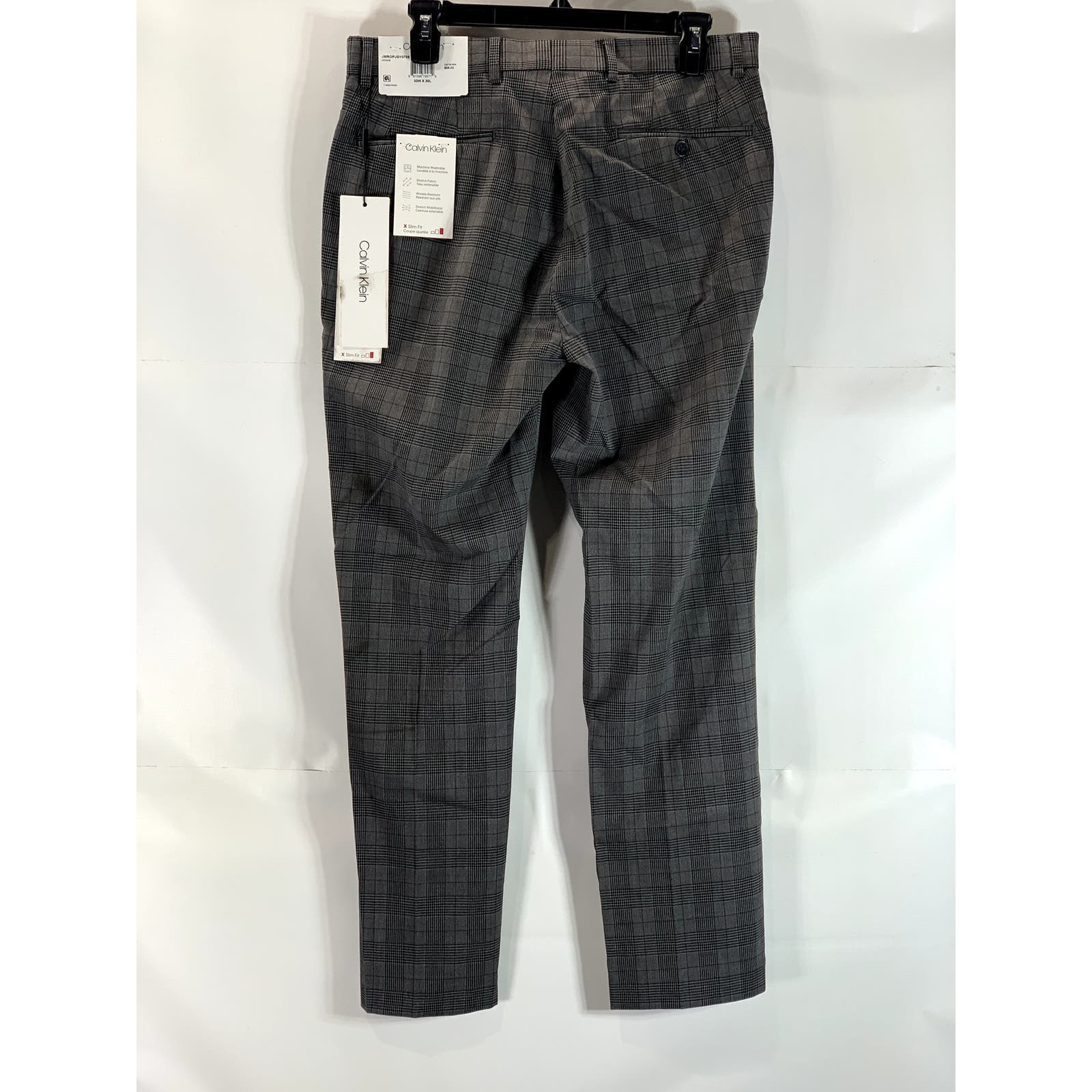 CALVIN KLEIN Men's Charcoal Plaid Slim-Fit Flat Front Dress Pants SZ 33X30