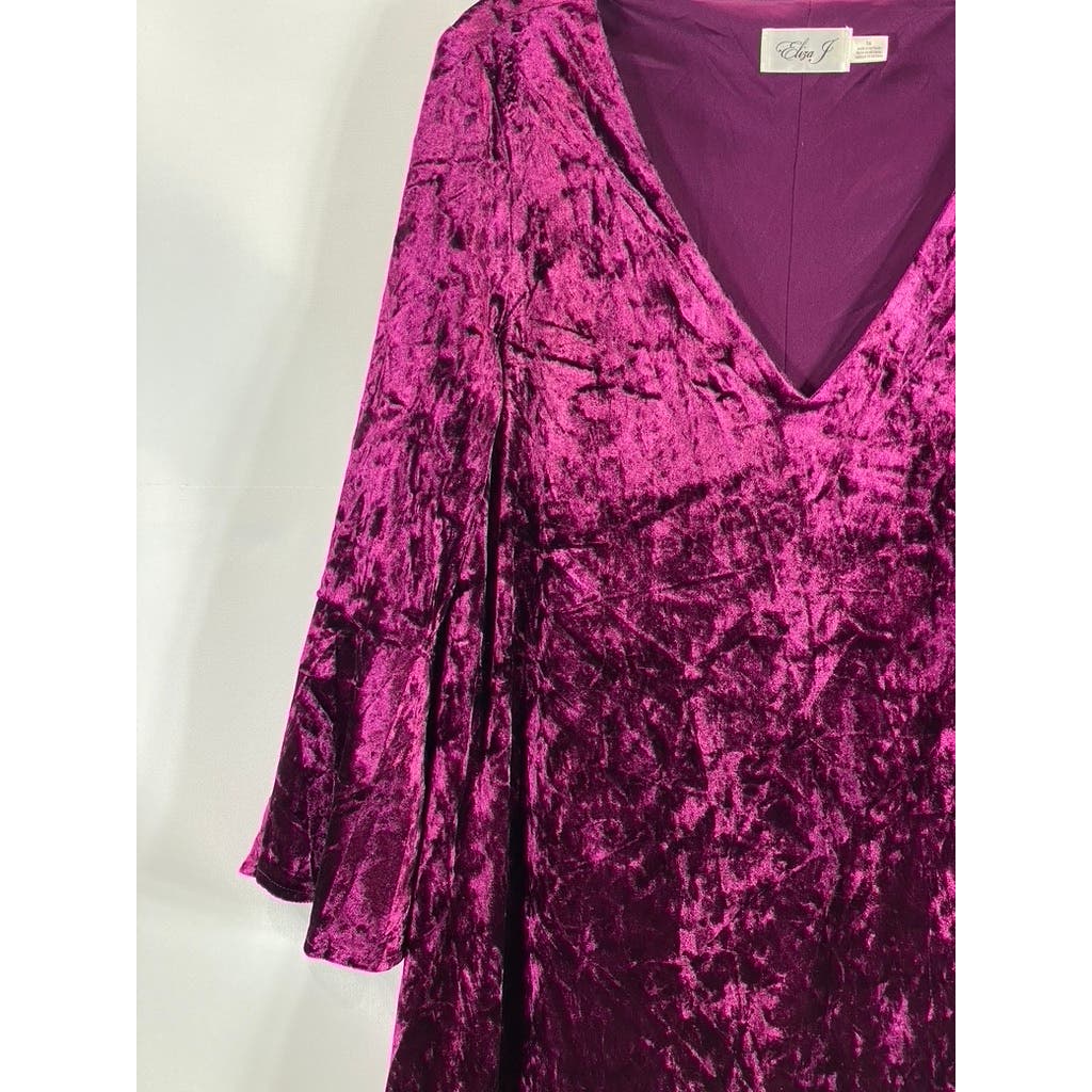 ELIZA J Women's Magenta Crushed Velvet V-Neck Bell Sleeve Mini A-Line Dress SZ16