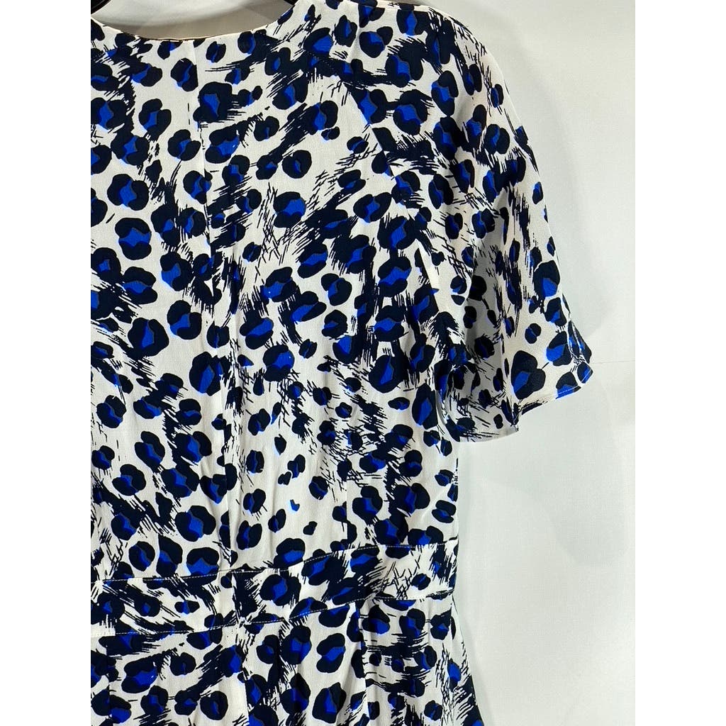 WHISTLES Women's Blue Brushed Leopard Button V-Neck Short Sleeve Dress SZ 8