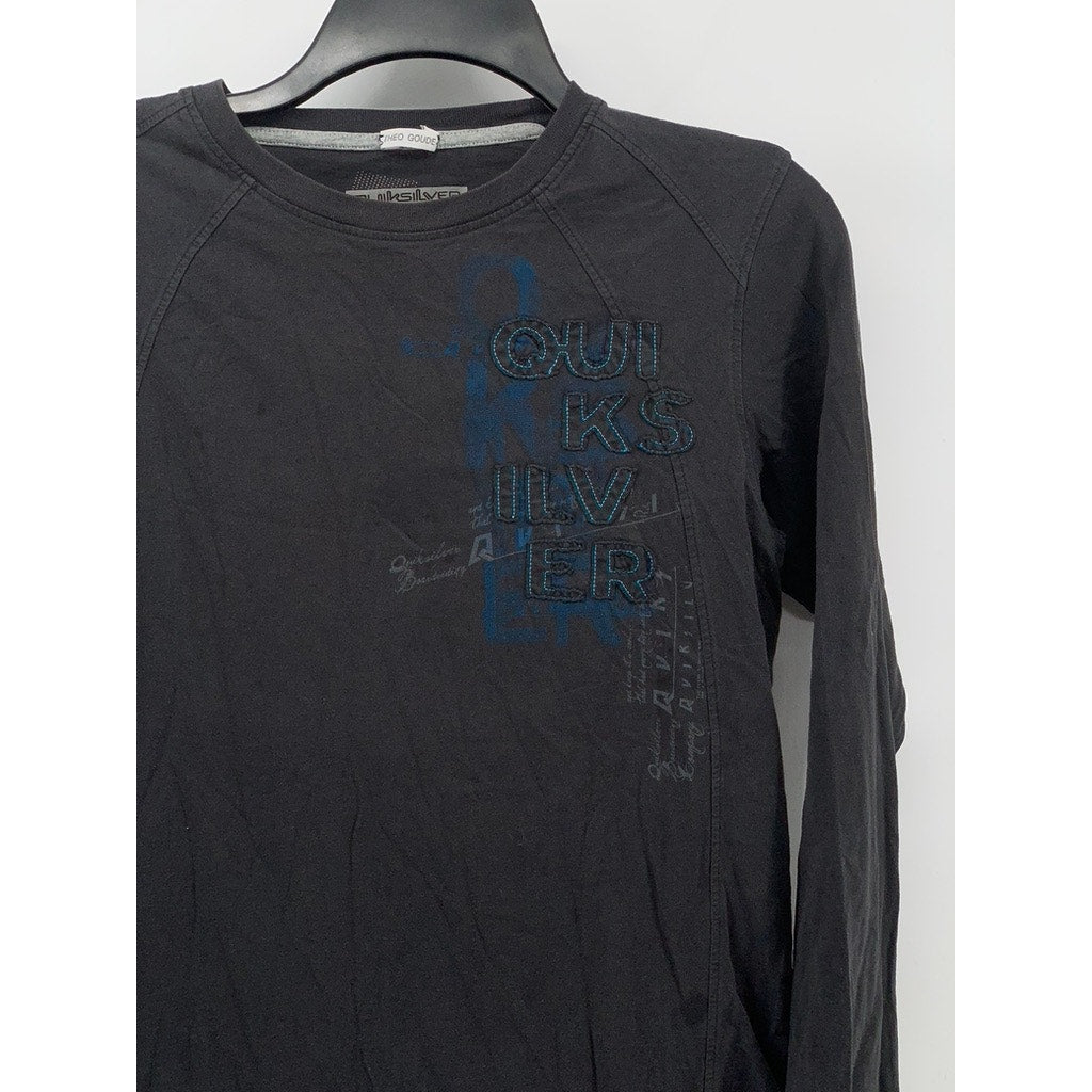 QUICKSILVER Boys' Washed Black Crewneck Patch Logo Long Sleeve T-Shirt SZ 14