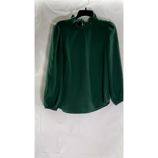 J.CREW Women's Dark Green Ruffle-Neck Long Sleeve 365 Crepe Top SZ S