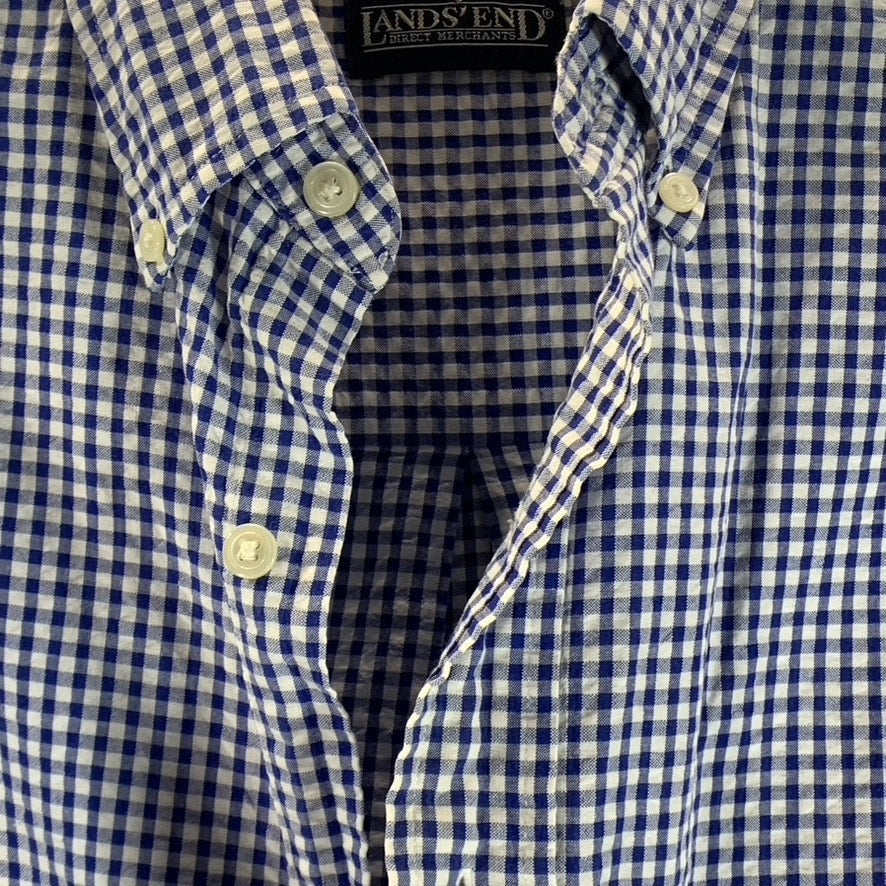 LANDS' END Men's Blue Gingham Regular-Fit Button-Up Shirt SZ S 14/14.5