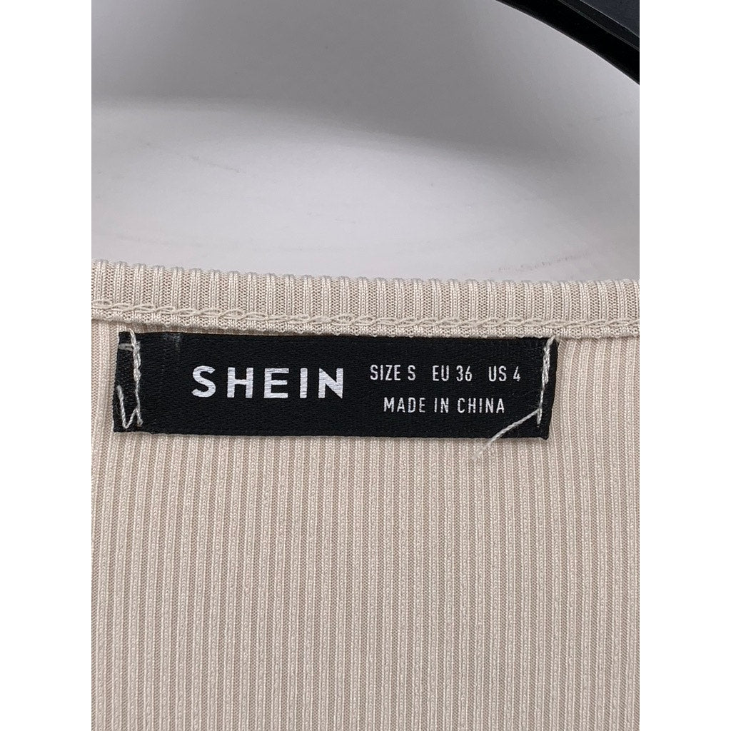 SHEIN Women's Beige Ribbed Square-Neck Slit Bodycon Dress SZ S