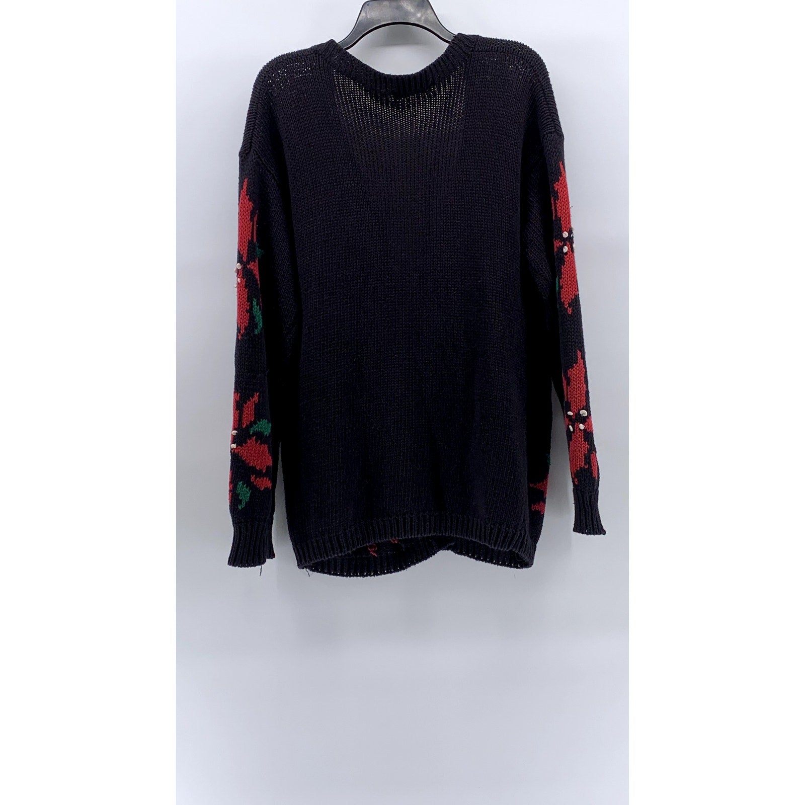 LAUREN GREY Women's Vintage Black-Red Poinsettia Knit Button-Up Cardigan SZ M