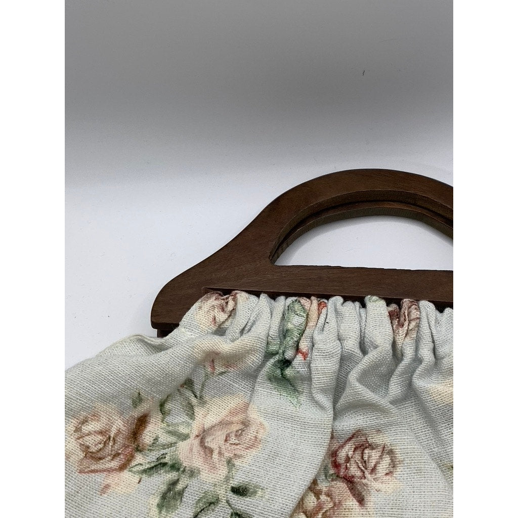UNBRANDED Women's Mint/Brown Floral Print Cotton Canvas Handbag