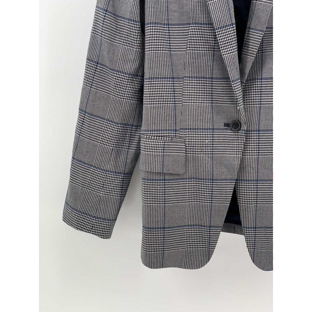 CLUB MONACO Women's Gray-Blue Houndstooth Plaid Print Single-Button Blazer SZ 4