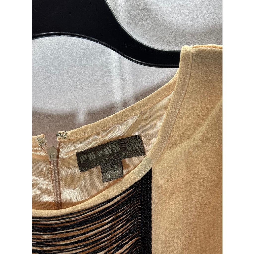 FEVER LONDON Women's Beige/Black Crewneck Fringe Short Sleeve Dress SZ 8