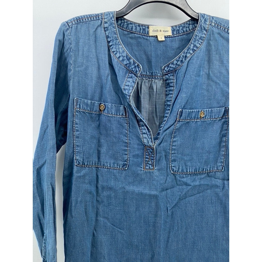 CLOTH & STONE Women's Blue Denim Collarless Long Sleeve Split-Neck Top SZ S