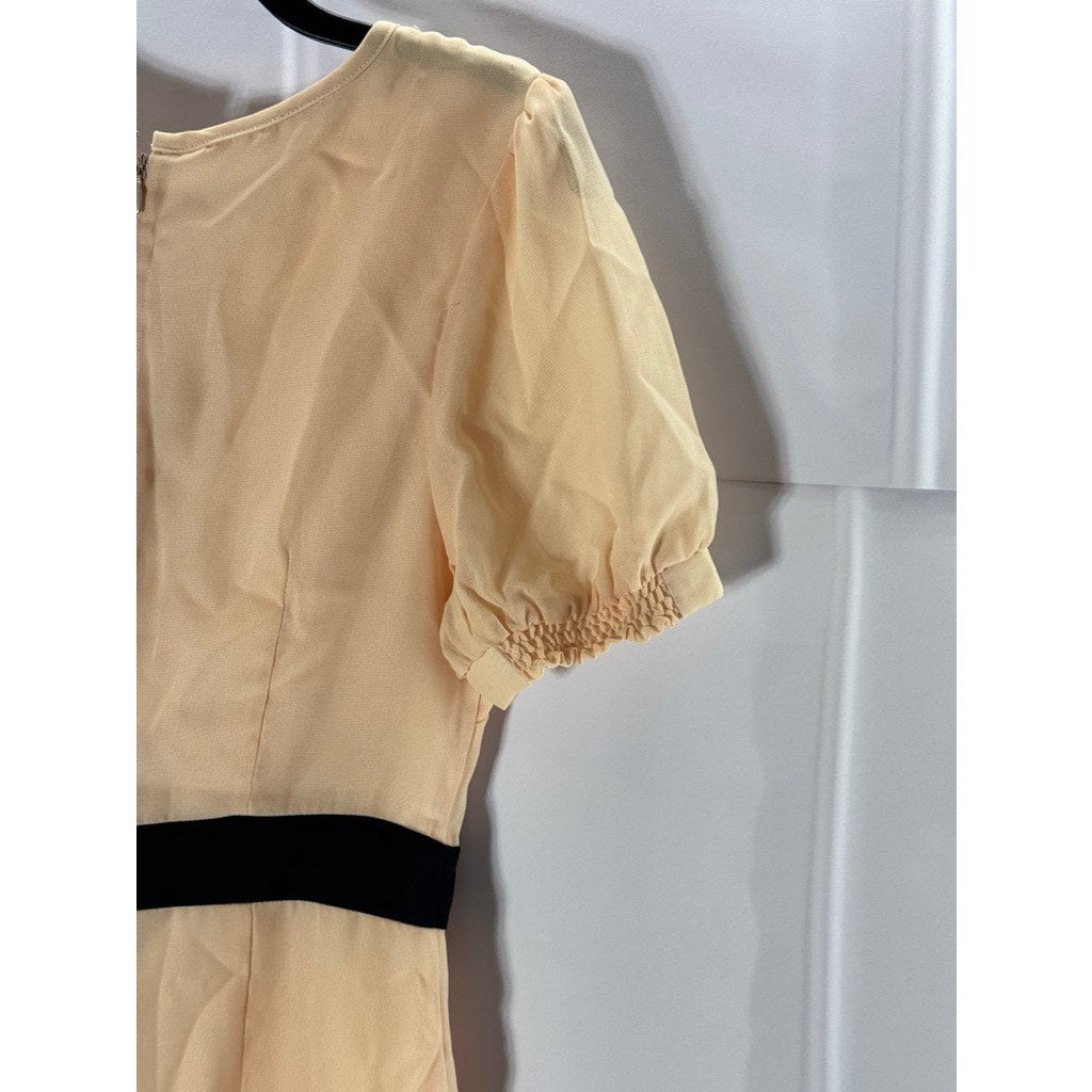 FEVER LONDON Women's Beige/Black Crewneck Fringe Short Sleeve Dress SZ 8