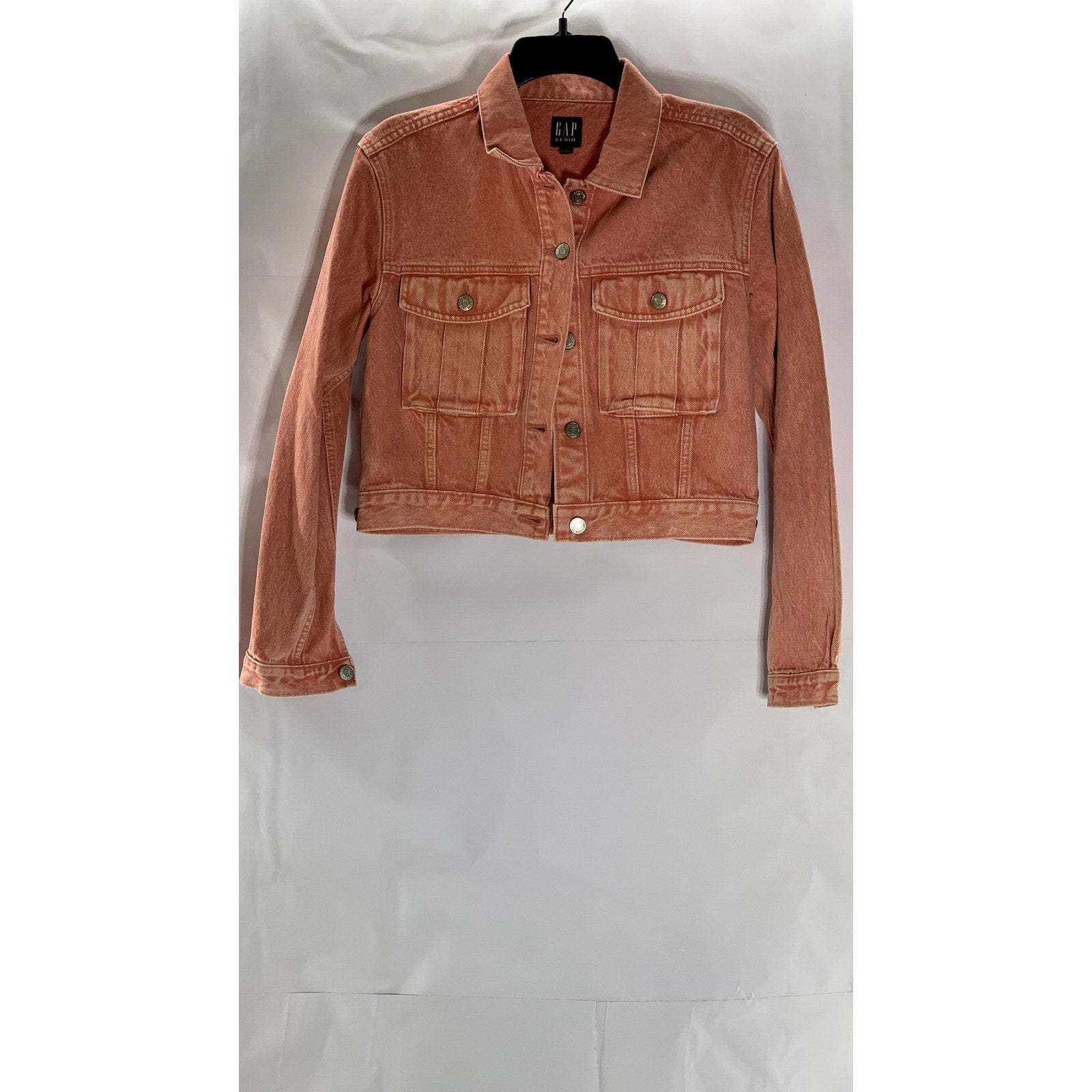 GAP DENIM Women's Pink Flamingo Button-Front Denim Utility Cropped Jacket SZ XS