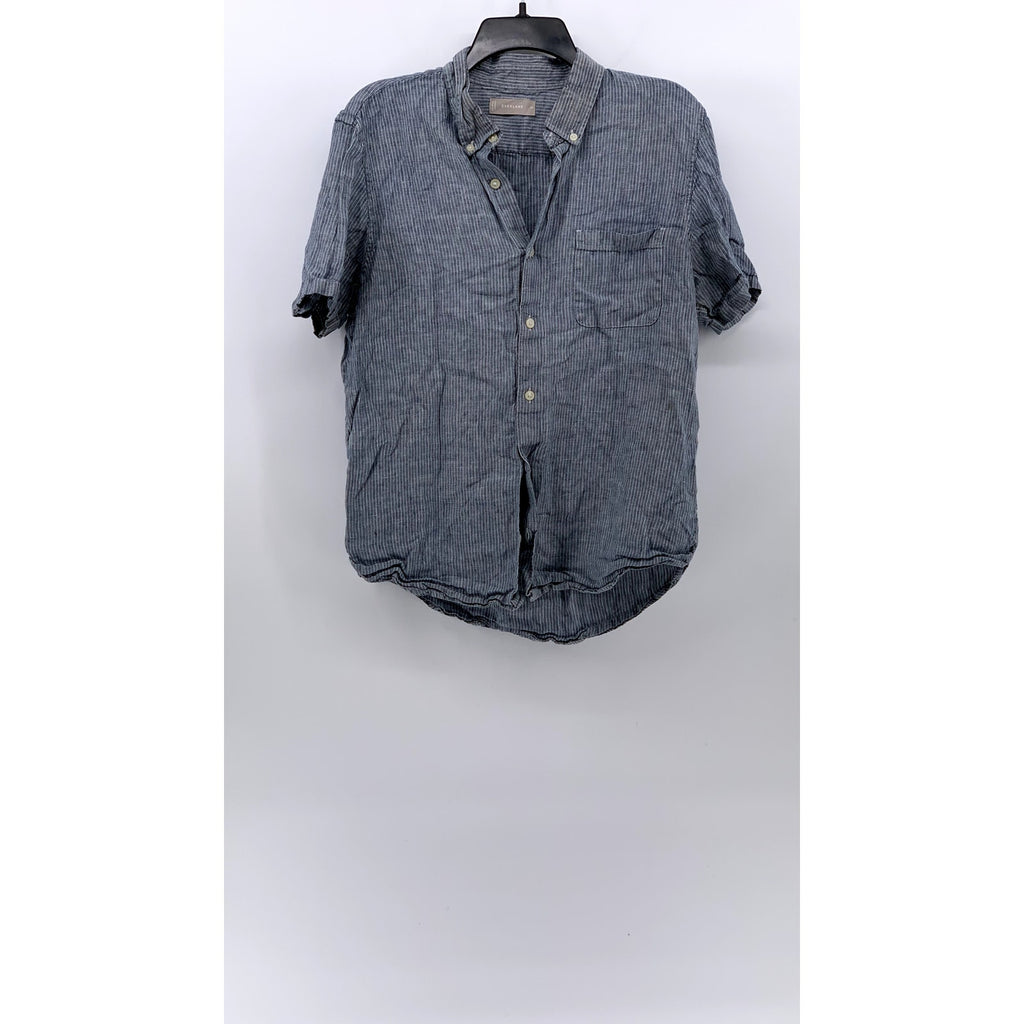 EVERLANE Men's Blue-White Micro Striped Linen Button-Up Short Sleeve Shirt SZ M