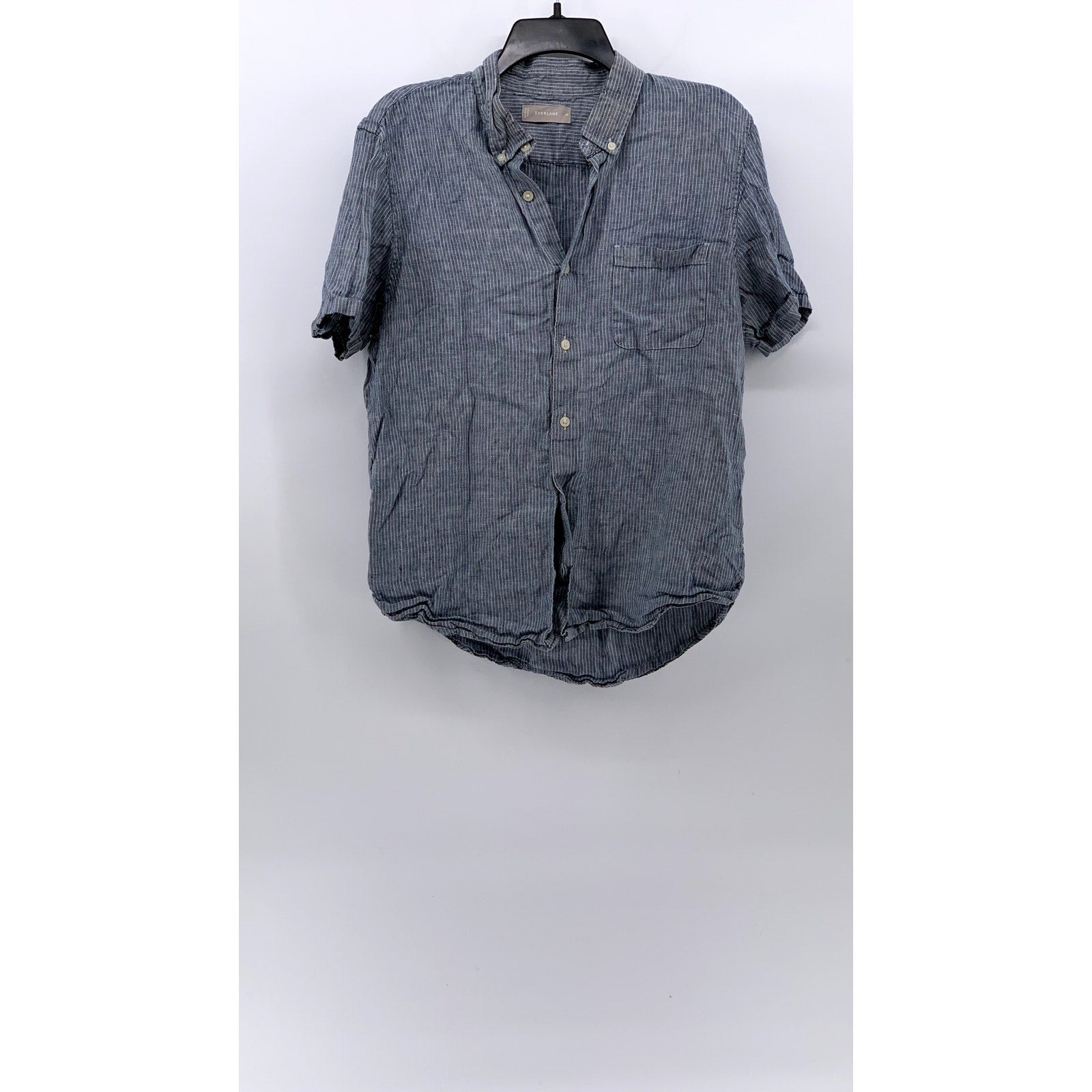 EVERLANE Men's Blue-White Micro Striped Linen Button-Up Short Sleeve Shirt SZ M