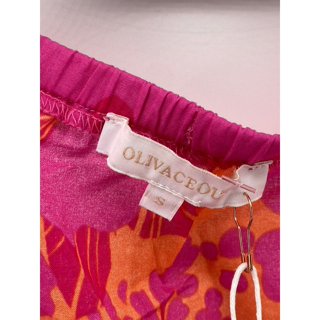 OLIVACEOUS Women's Orange-Pink Floral Puff Long Sleeve Tie-Front Top SZ S