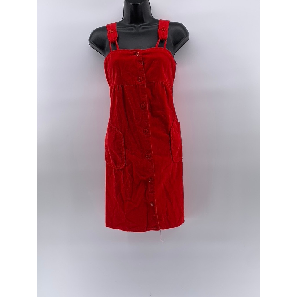 UNBRANDED Women's Red Corduroy Button-Up Adjustable A-line Overall Dress SZ S