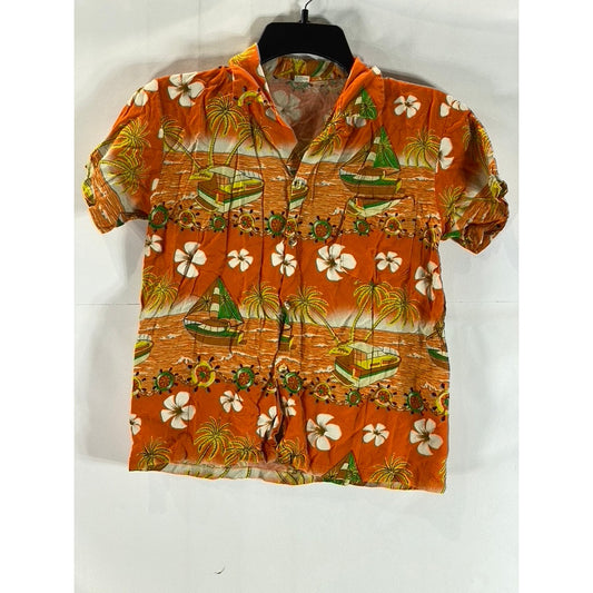 WOMEN'S Orange Tropical Floral Sailboat Print Button-Up Short Sleeve Top SZ 2XL