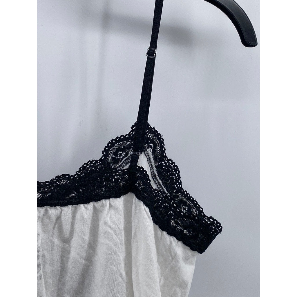 EYECANDY Women's White-Black Lace-Trim Party Hard Cry Later Cropped Tank SZ L