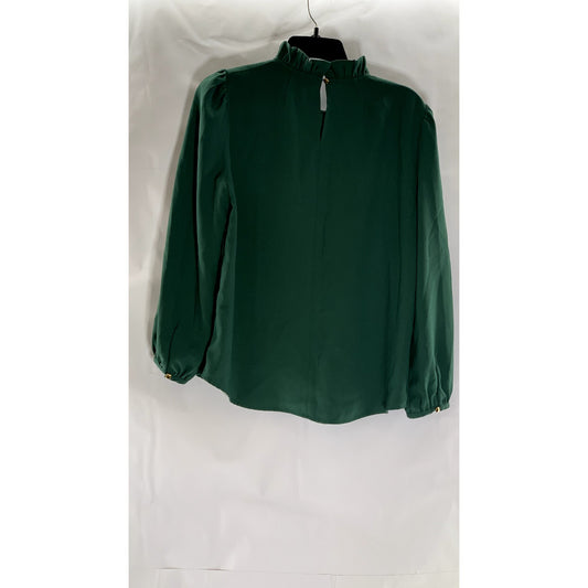 J.CREW Women's Dark Green Ruffle-Neck Long Sleeve 365 Crepe Top SZ S