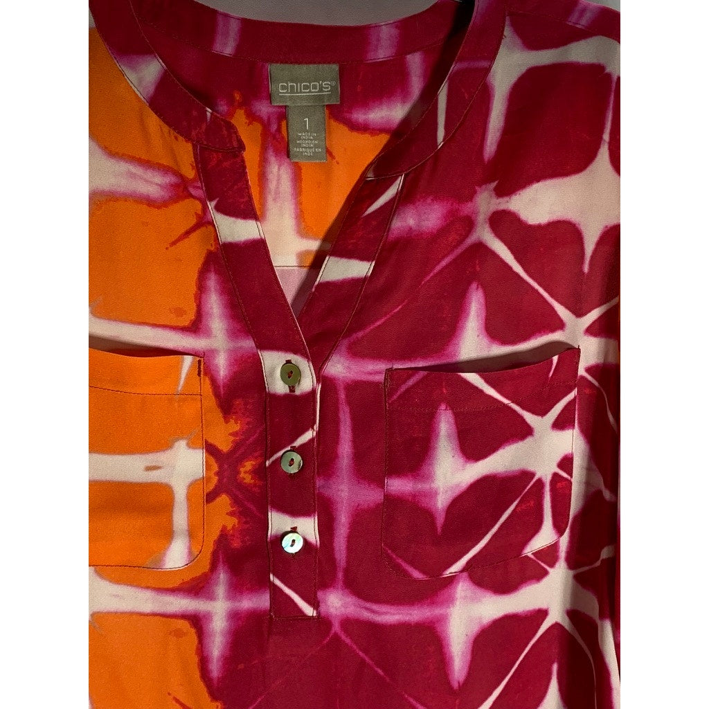 CHICO'S Women's Red/Orange Printed 3/4 Sleeve Henley Top SZ 1(US8/M)